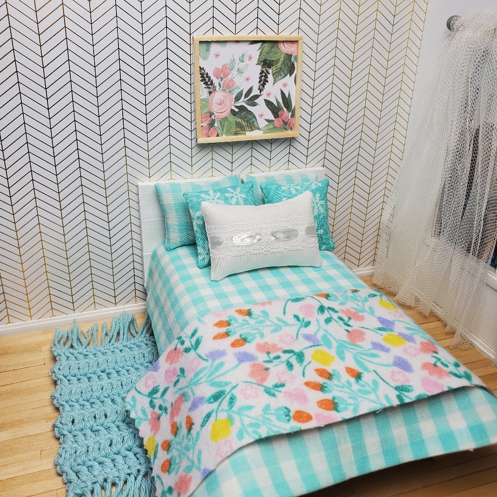 Miniature Dollhouse Turquoise Checkered Floral Bedding Set 1:12 Scale